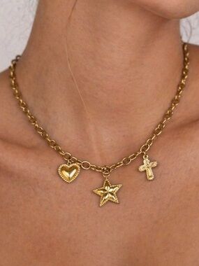 Gold Charm Necklace Star Cross and Heart